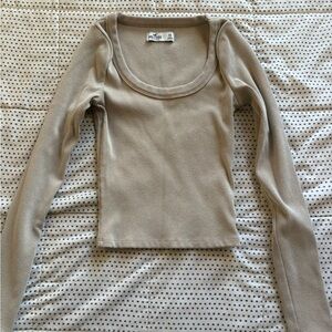 Hollister Beige Ribbed Scoop Neck Long Sleeve Top